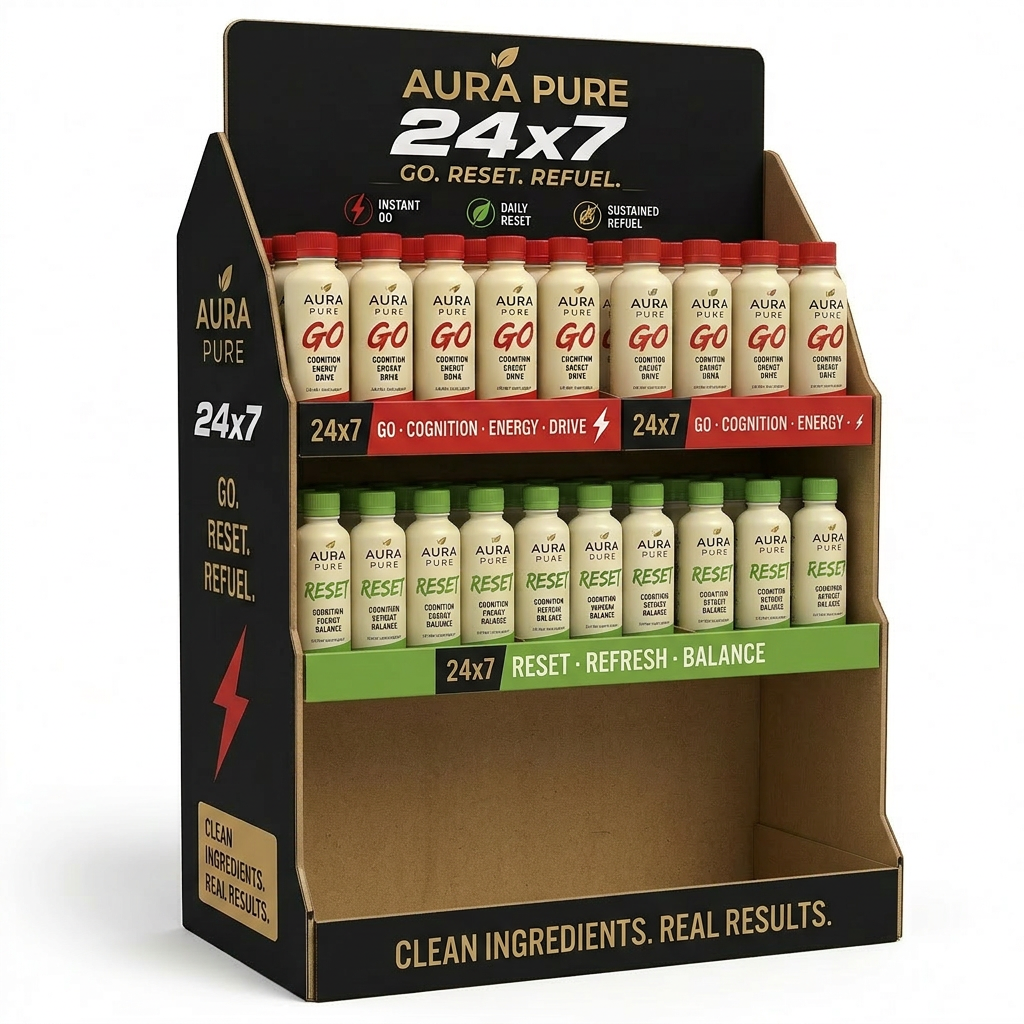 AURA PURE Counter Display Unit holding 24 four-ounce shots — 12 GO with red caps and 12 RESET with blue caps under a gold-foil GO · RESET · REFUEL header