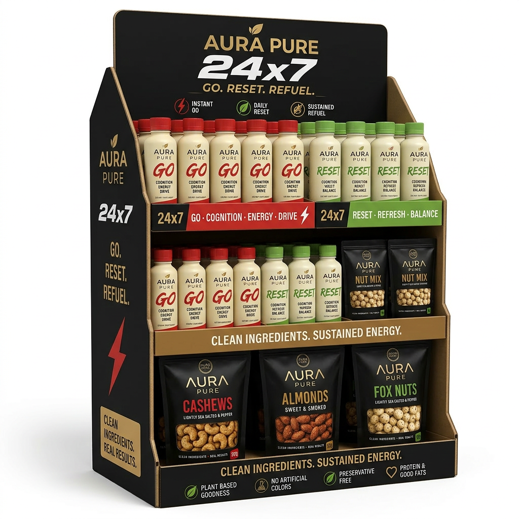 AURA PURE 3-Tier retail display showing AURA PURE GO shots, AURA PURE RESET shots, and Energy Nut Mix